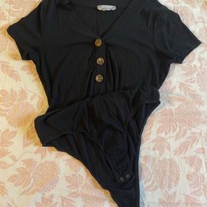 Pink Rose, L, black body suit, clasp at crotch.